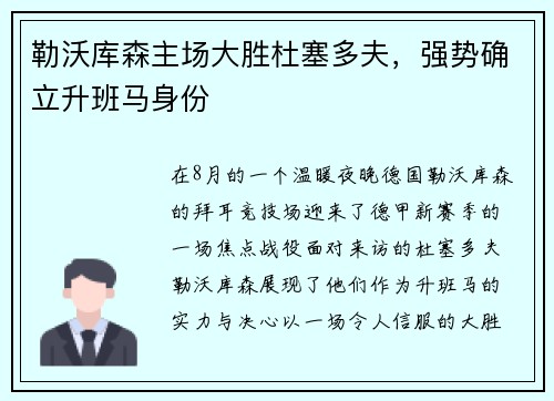 勒沃库森主场大胜杜塞多夫，强势确立升班马身份